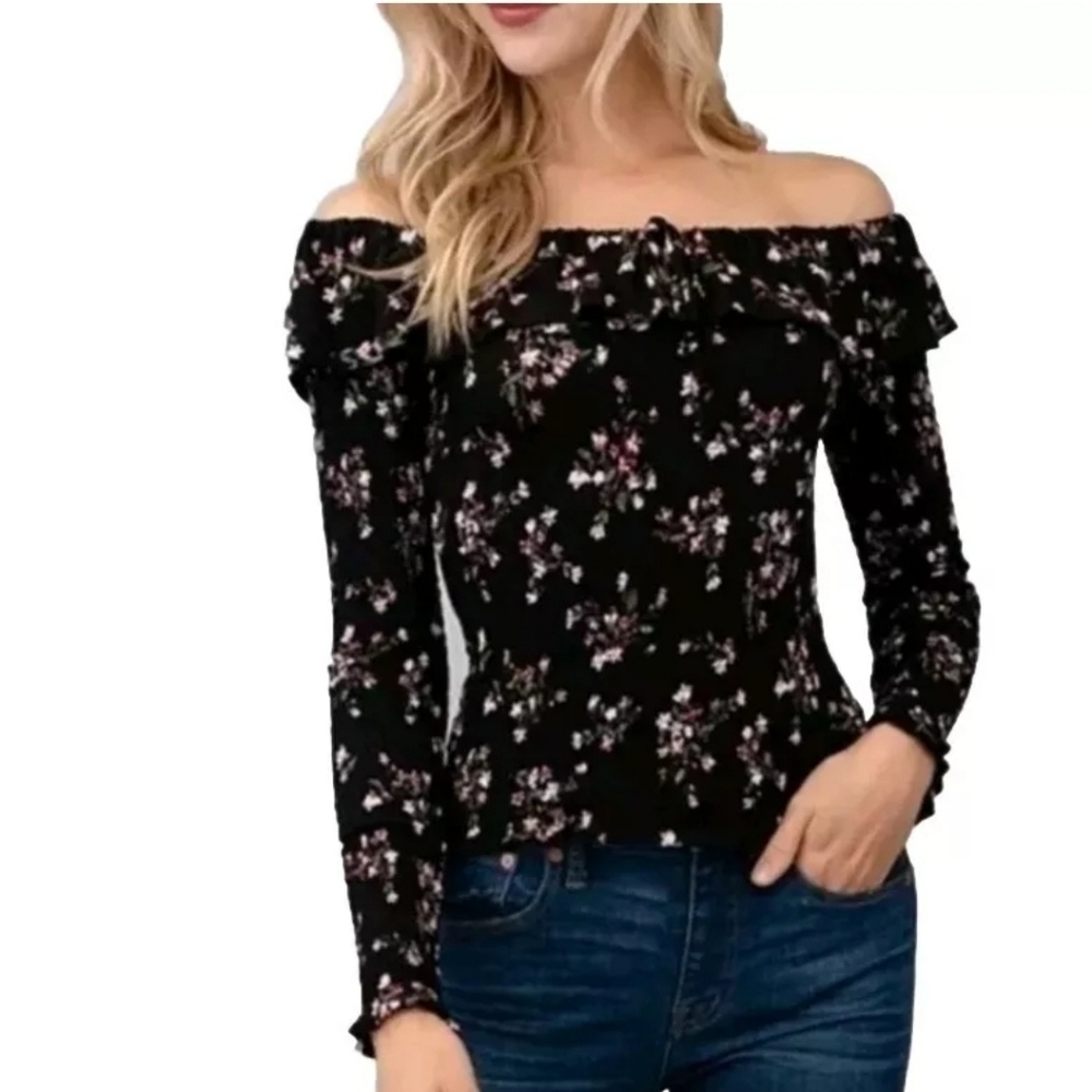 Smocked Off Shoulder Crop Top Stretch Rayon Long Sleeve Peasant Boho Floral